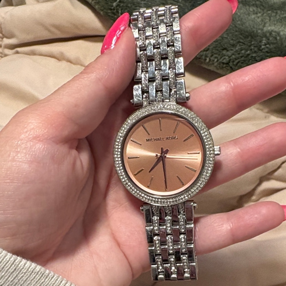Michael Kors Silver Bracelet Watch with Rose Gold Dial and Crystal Bezel